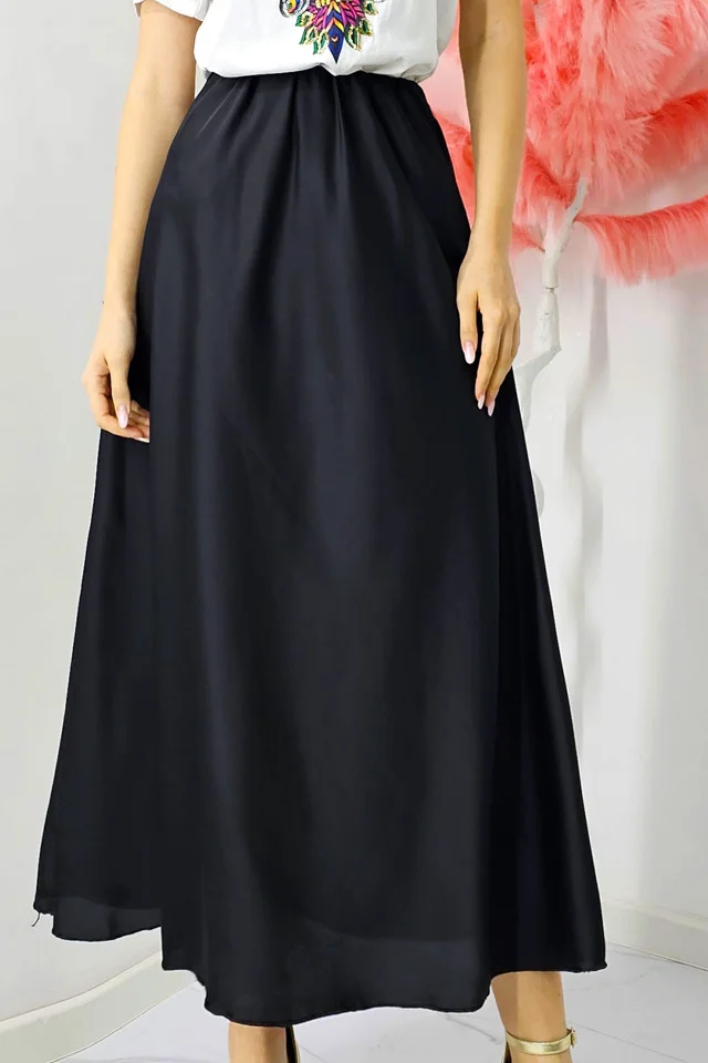 Fusta eleganta Penelope, cu textura satinata si croi lung, Negru, Marime S/M/L