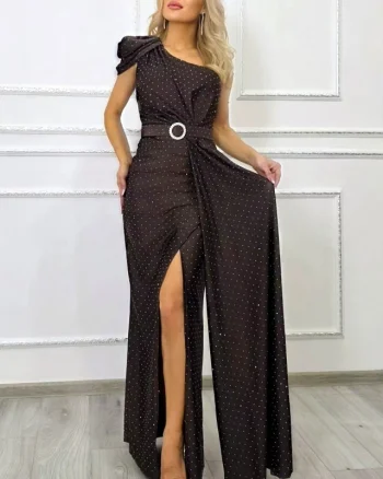 Rochie de ocazie VelaNORA, texturata integral cu micro-cristale si falduri, Maro, Marime S/M