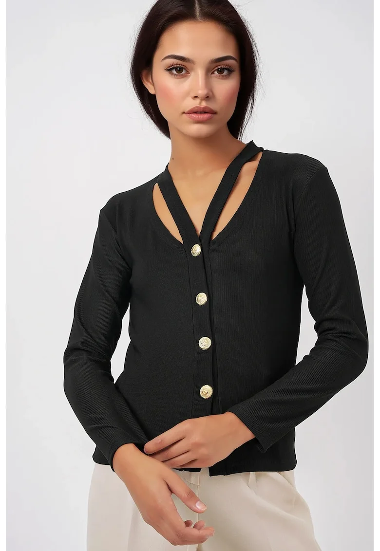 Cardigan, HiCCUP, cu decolteu in V, maneci lungi, negru, poliester