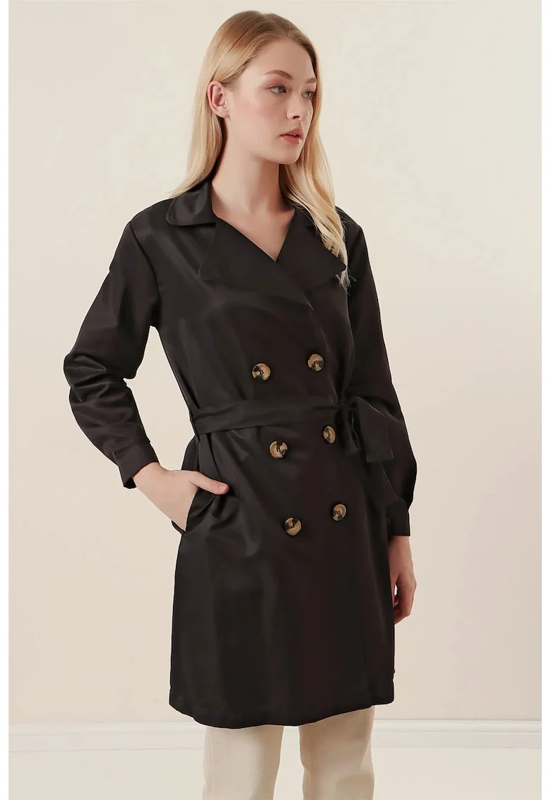 Palton dama, HiCCUP, cu doua randuri de nasturi, negru, textil