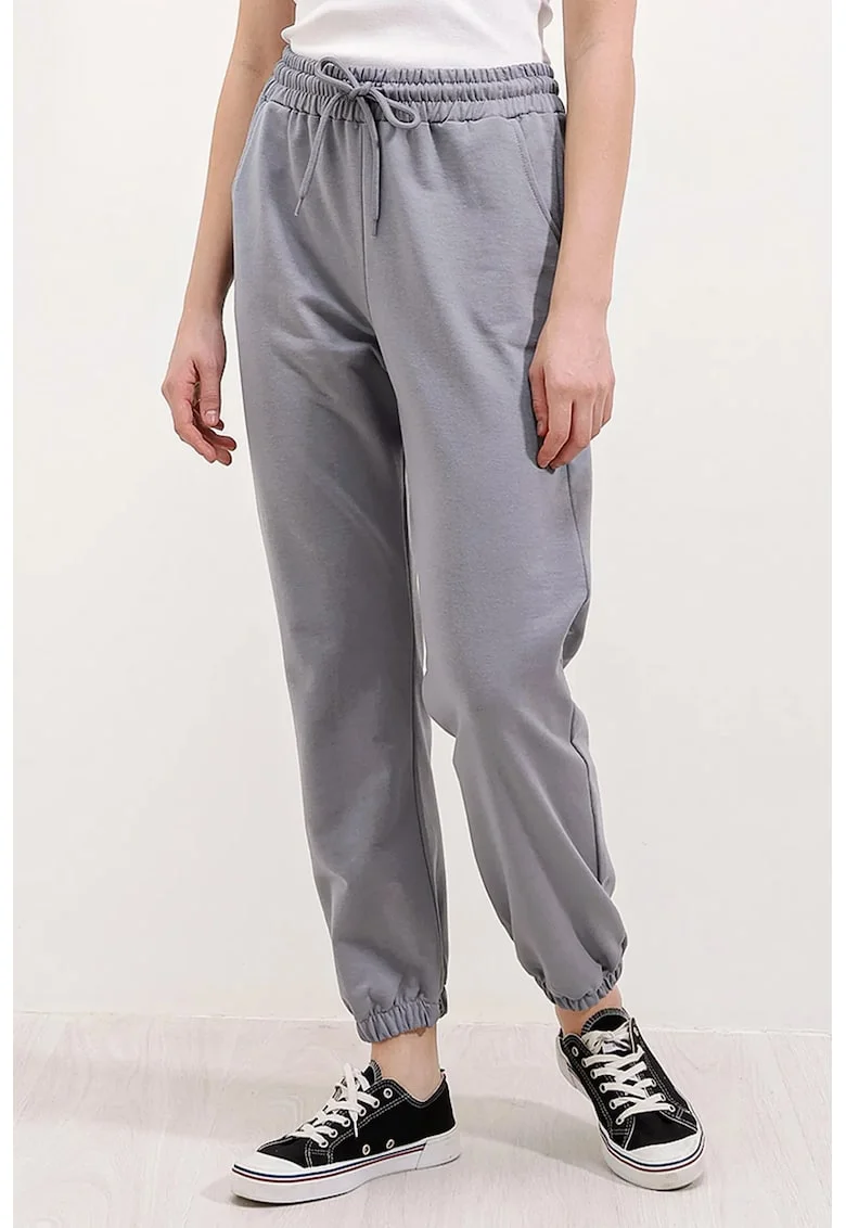 Pantaloni de trening, HiCCUP, talie elastica, cu buzunare, gri, bumbac