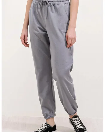 Pantaloni de trening, HiCCUP, talie elastica, cu buzunare, gri, bumbac