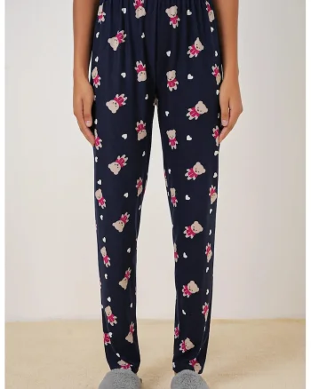 Pantaloni de pijama HiCCUP, model cu imprimeu ursuleti, poliester/jerseu, bleumarin