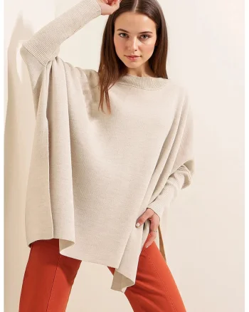 Pulover dama, BigDart, cu guler inalt, dungi, tricot, Crema naturala,