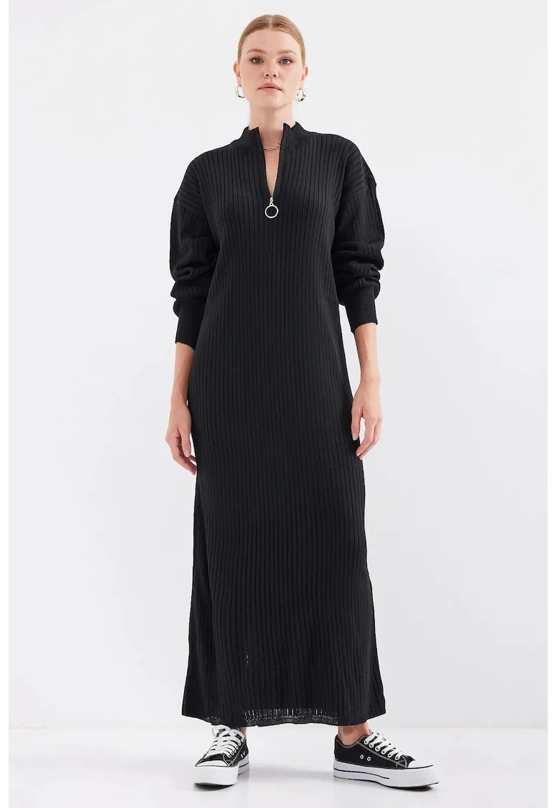 Rochie tricotata  texturata, guler inalt, fermoar, neagra, tricot, Negru,