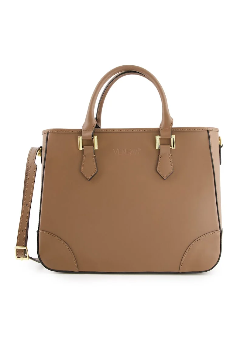 Geanta shopper din piele naturala,  maro, 33x26x11cm, 3 compartimente interioare, curea detasabila max 115cm