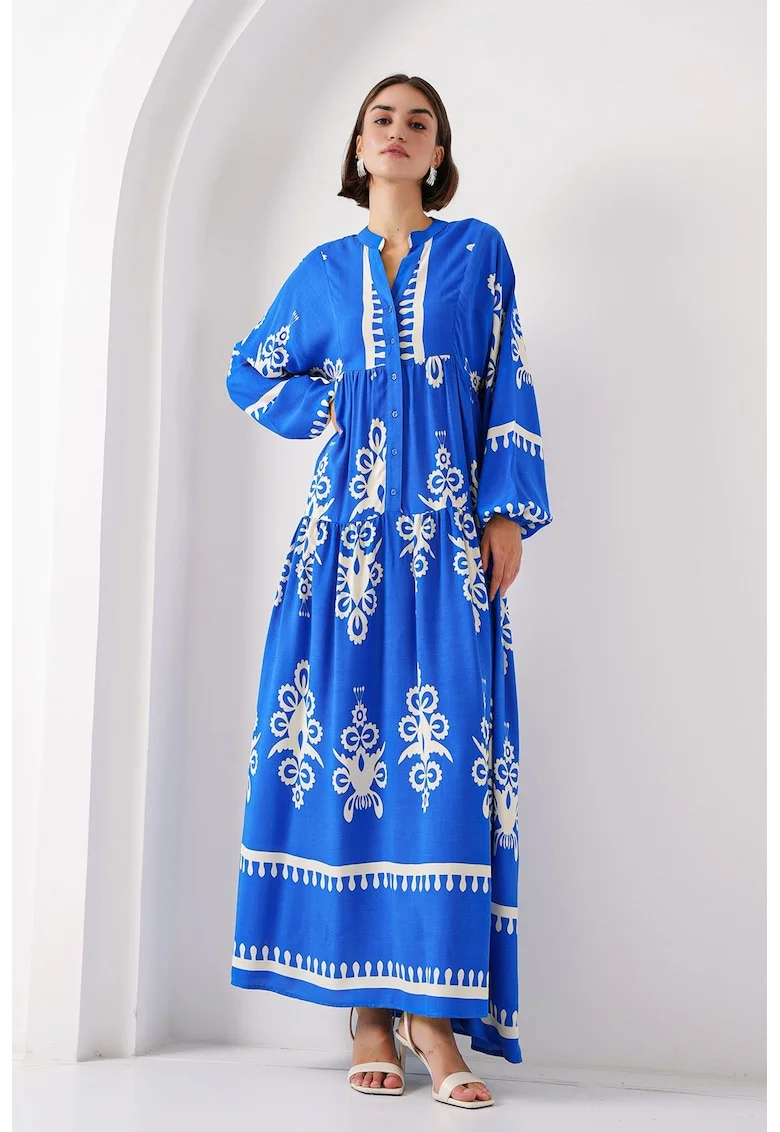 Rochie maxi HiCCUP BDART, decolteu in V, captusita, textil, albastru