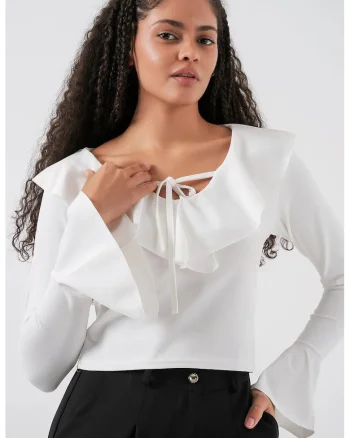 Bluza dama, HiCCUP, scurta cu volane, decolteu in V, alb, textil