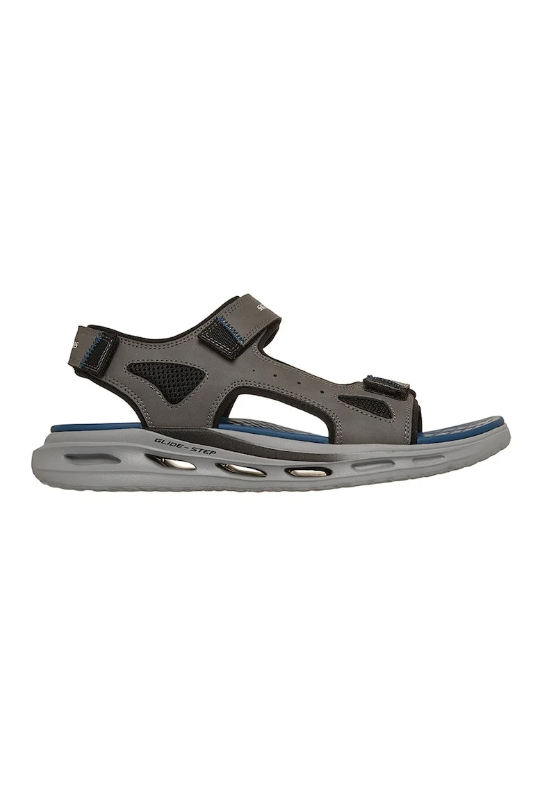 , Sandale cu talpa plata si inchidere velcro, Negru/Gri inchis