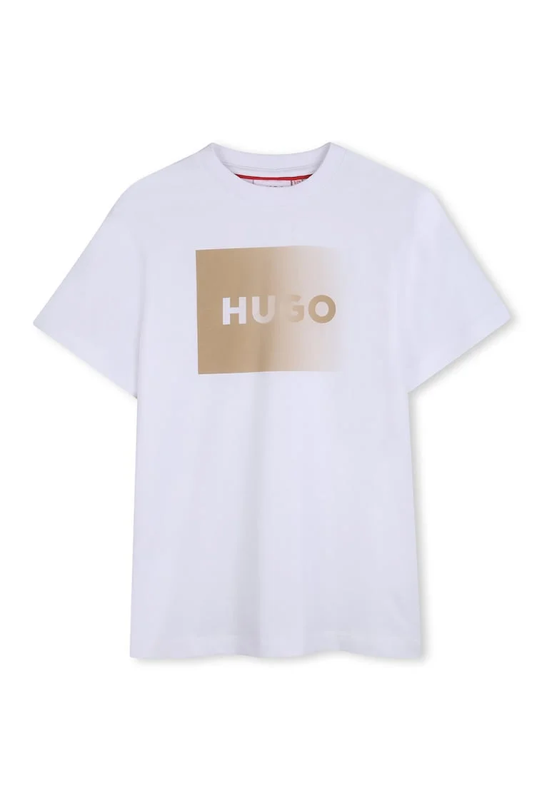 Tricou cu decolteu la baza gatului si imprimeu logo cu aspect in degrade, Maro camel/Alb optic