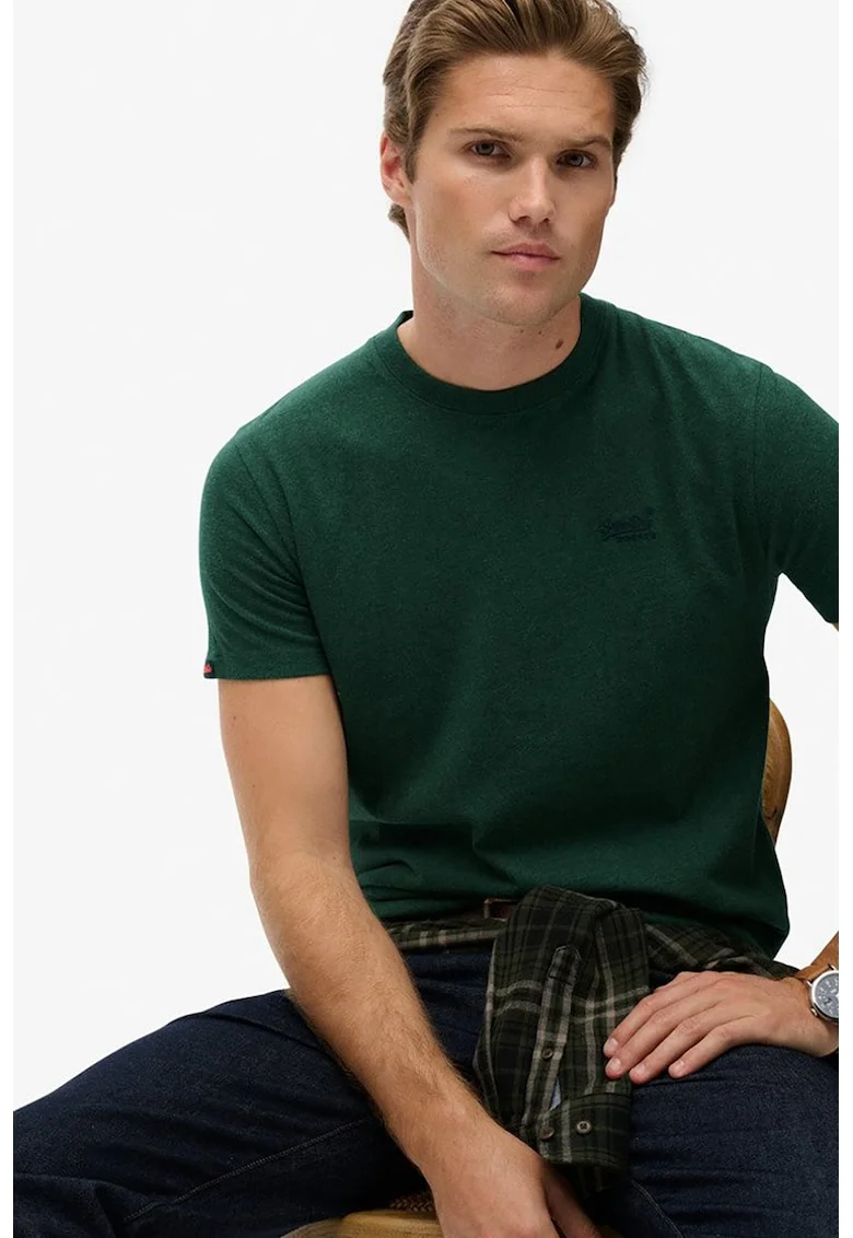 Tricou din bumbac cu decolteu la baza gatului so logo brodat, Verde inchis