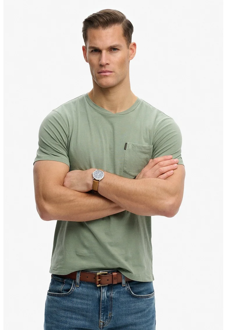 Tricou cu decolteu la baza gatului si buzunar pe piept, Verde sparanghel