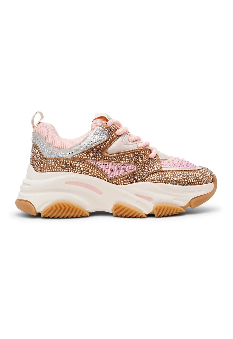 Pantofi sport cu aplicatii de strasuri, Maro scortisoara/Roz pastel/Argintiu