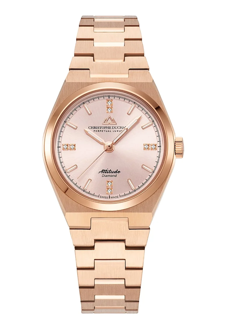 Ceas din otel inoxidabil cu 8 diamante, Auriu rose