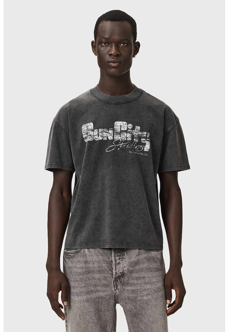 Tricou cu maneci cazute si aspect decolorat, Alb/Gri inchis