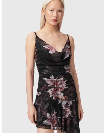 Rochie cu imprimeu floral si decolteu drapat, Negru/Roz