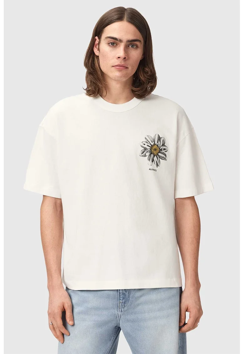 Tricou cu imprimeu floral si maneci cazute, Alb fildes/Gri