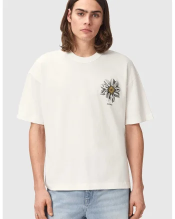 Tricou cu imprimeu floral si maneci cazute, Alb fildes/Gri