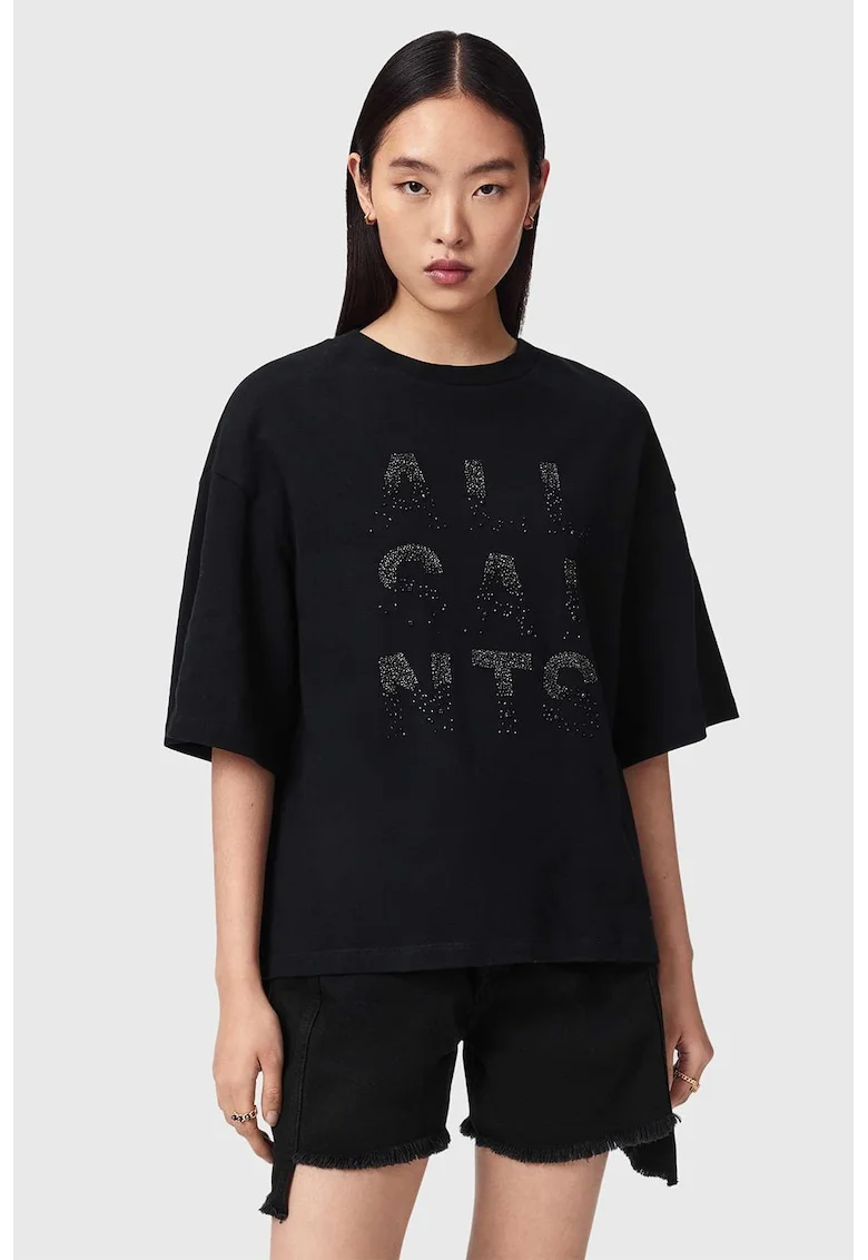Tricou din bumbac cu broderie logo cu margele, Negru