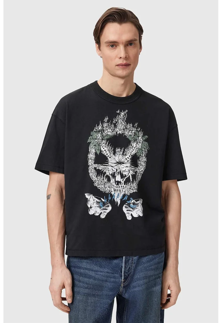 Tricou cu decolteu la baza gatului si imprimeu logo, Alb/Negru antracit