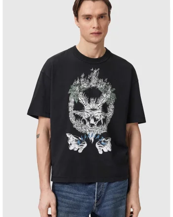 Tricou cu decolteu la baza gatului si imprimeu logo, Alb/Negru antracit