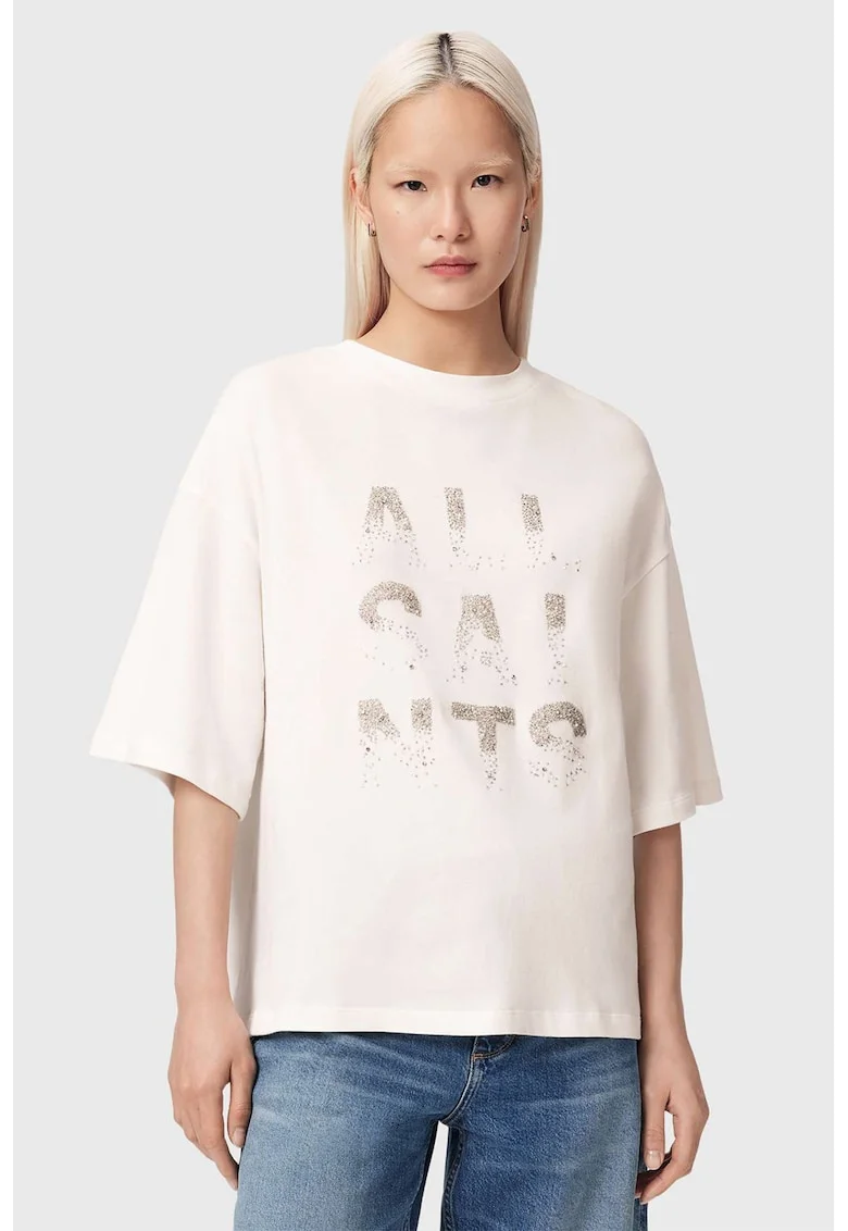 Tricou din bumbac cu broderie logo cu margele, Bej deschis