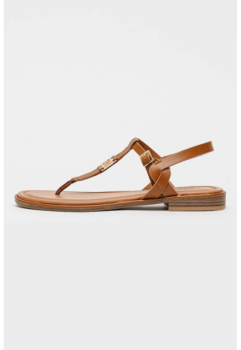 Sandale din piele ecologica cu bareta in forma de T, Caramel