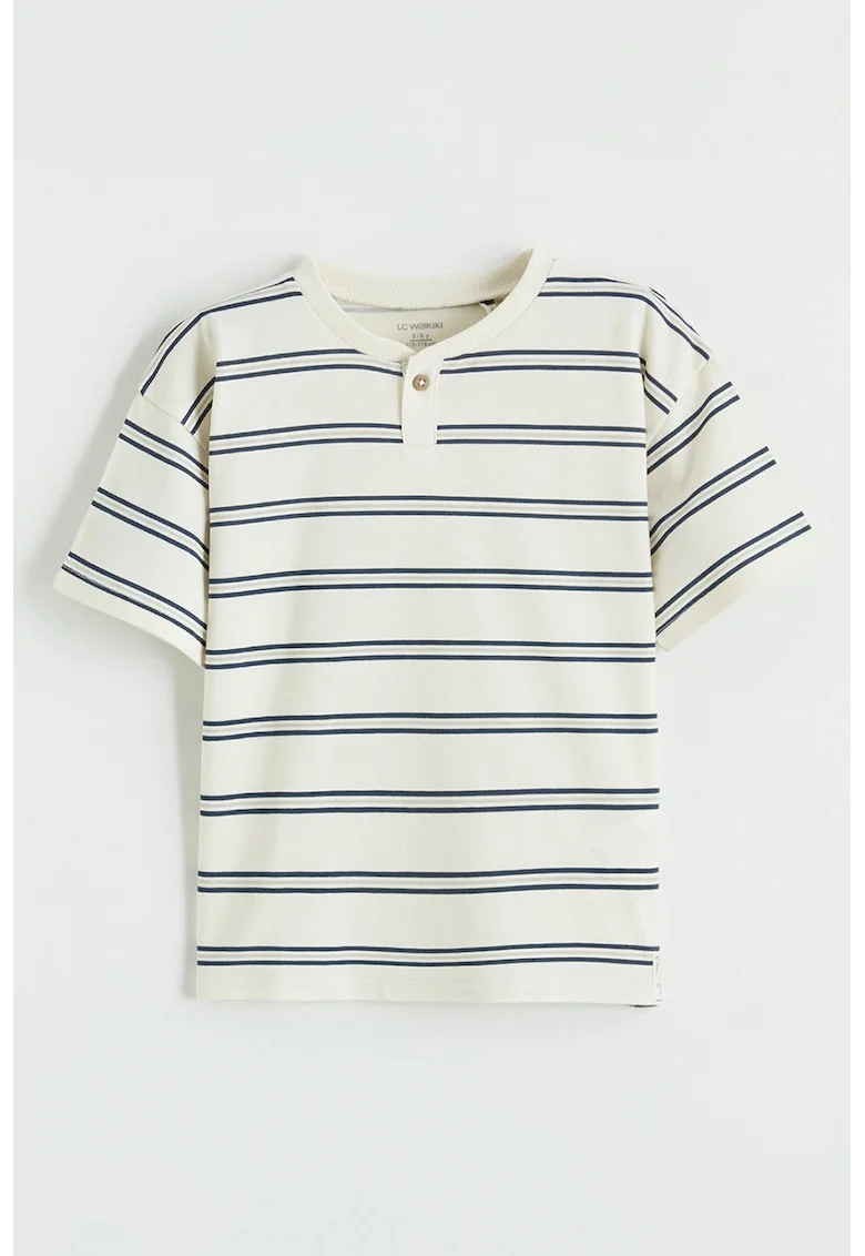 Tricou din bumbac cu model henley si dungi, Alb murdar/Bleumarin
