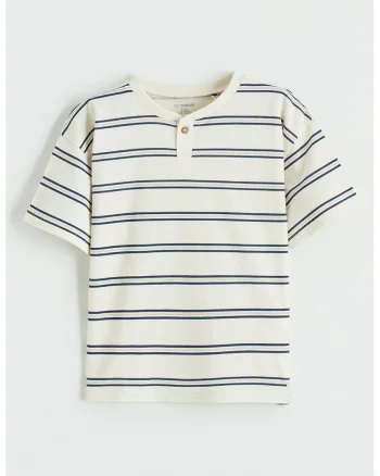 Tricou din bumbac cu model henley si dungi, Alb murdar/Bleumarin