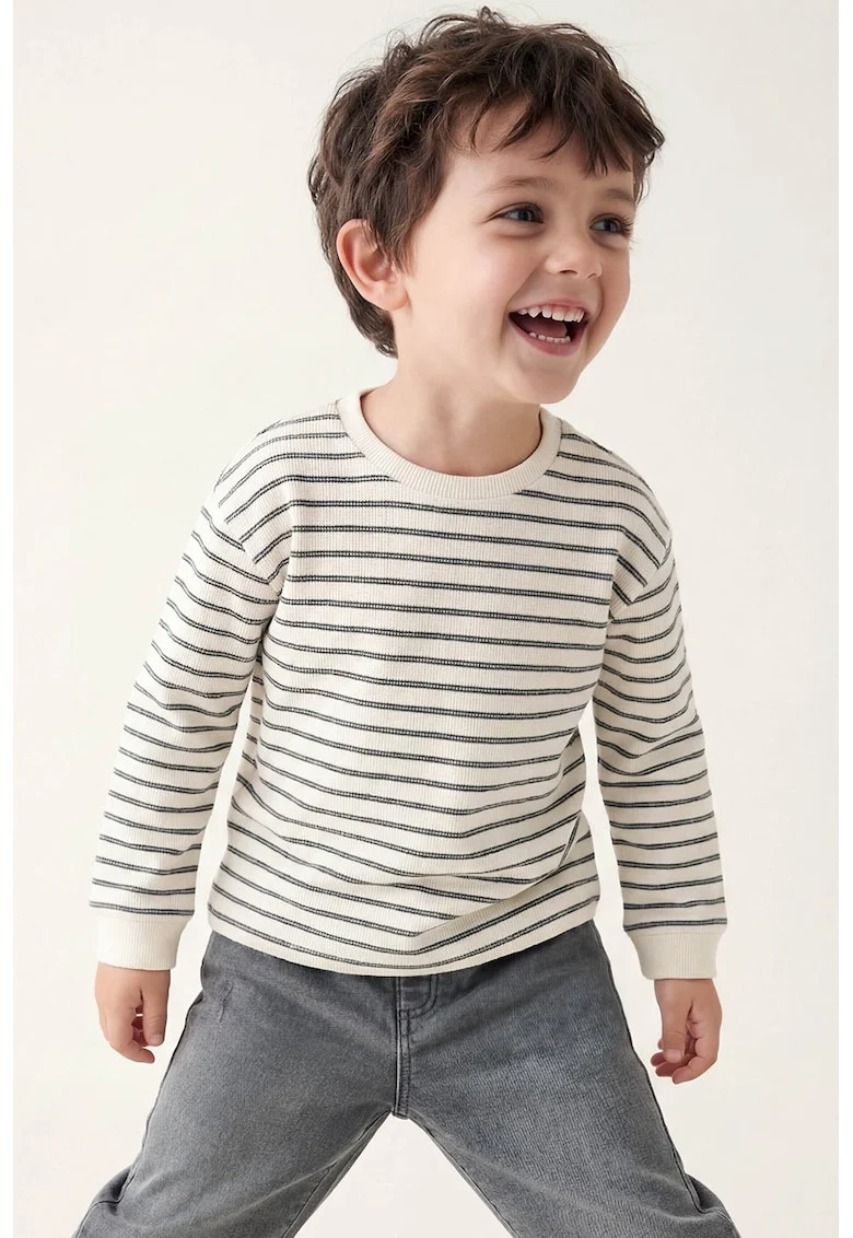 Bluza cu decolteu rotund si dungi, Alb fildes/Negru