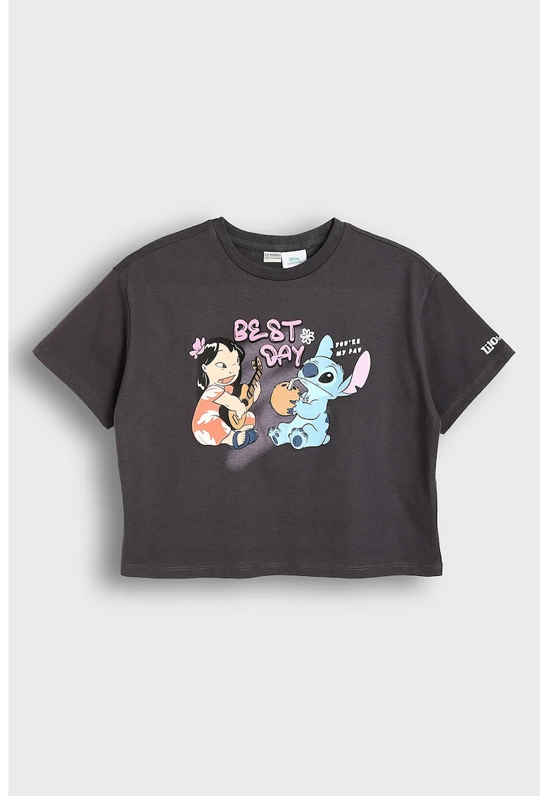 Tricou lejer cu imprimeu cu Stitch si Angel, Gri carbune