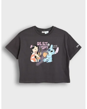 Tricou lejer cu imprimeu cu Stitch si Angel, Gri carbune