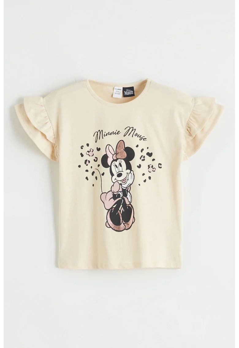 Tricou cu maneci cu volane si imprimeu Minnie Mouse, Galben pal
