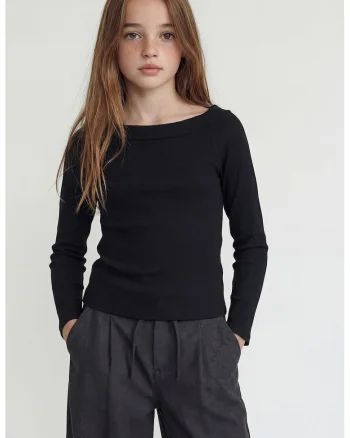 Bluza din amestec de bumbac cu decolteu la baza gatului, Negru