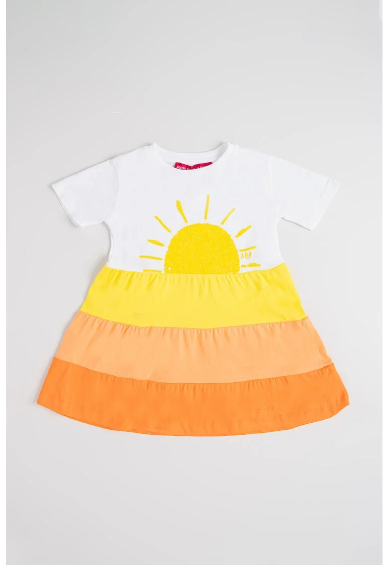 Rochie evazata de bumbac, Alb/Galben/Portocaliu