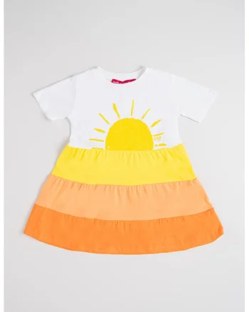 Rochie evazata de bumbac, Alb/Galben/Portocaliu