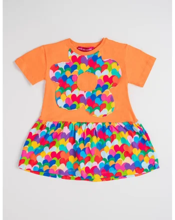 Rochie de bumbac cu maneci scurte, Verde/Portocaliu/Roz