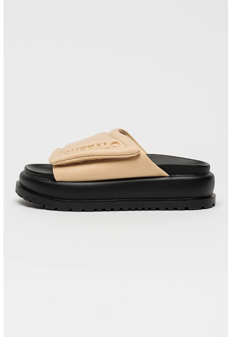 Papuci cu platforma si velcro Palma, Negru/Crem