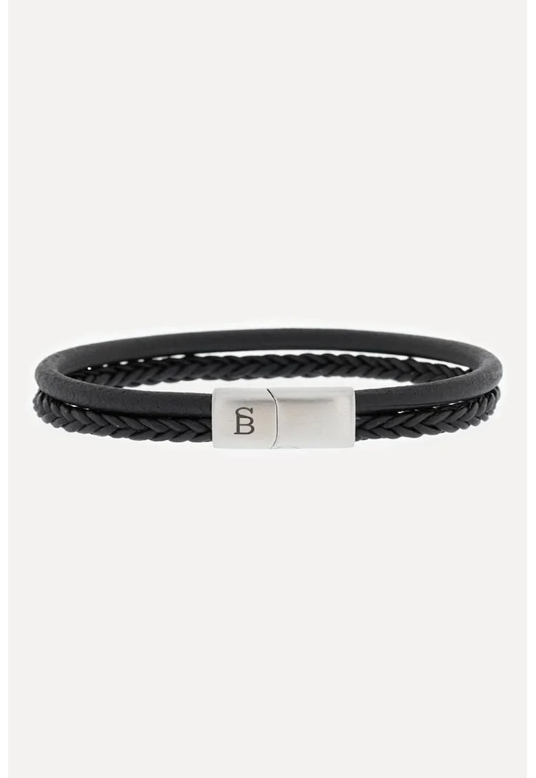 Bratara de piele cu doua siraguri si logo, Negru