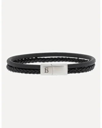 Bratara de piele cu doua siraguri si logo, Negru