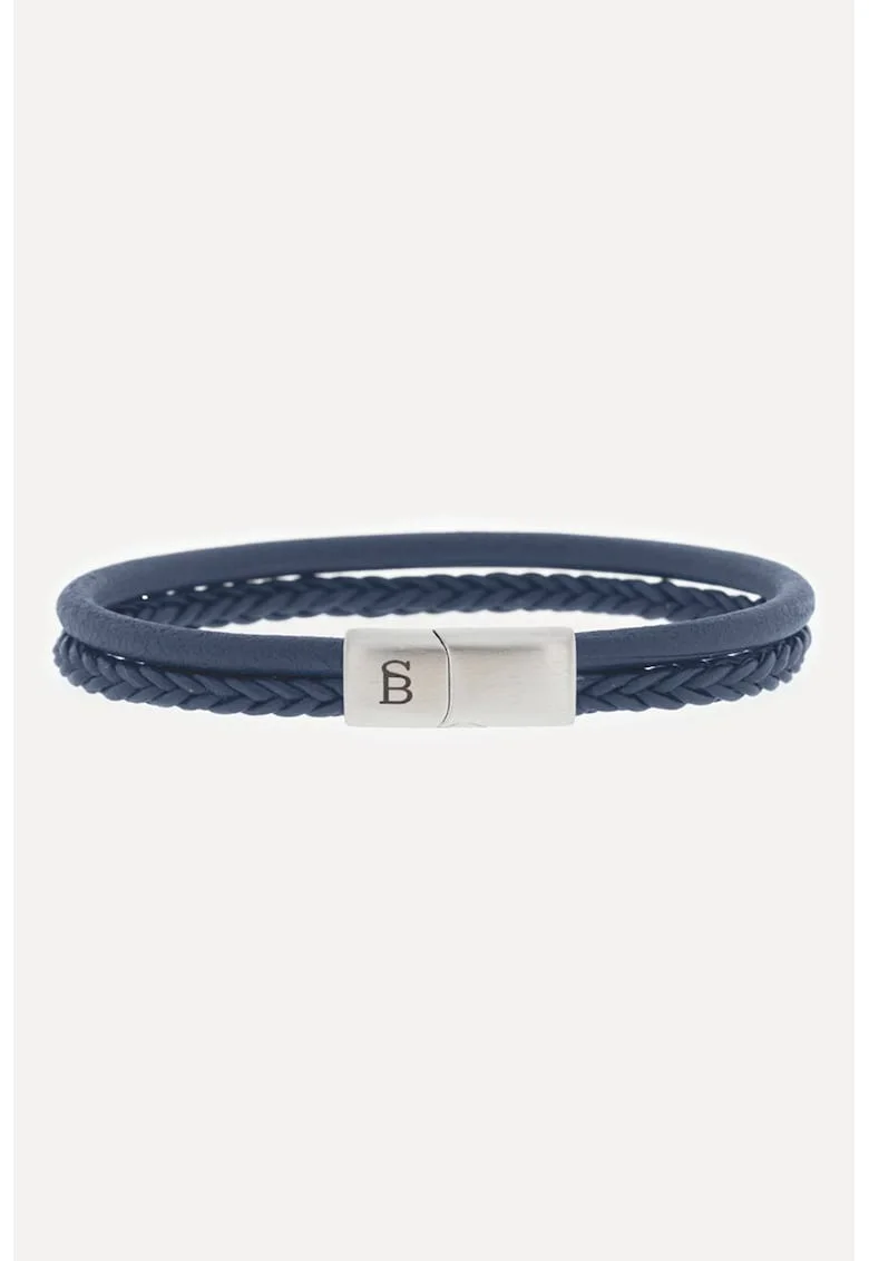 Bratara de piele cu doua siraguri si logo, Albastru