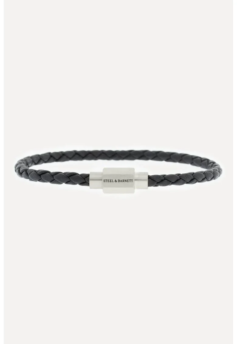 Bratara de piele cu logo, Negru/Argintiu