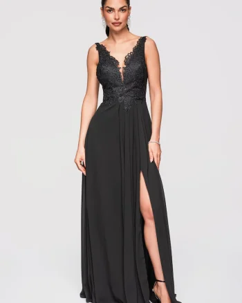 Rochie Maxi de Seara Eleganta cu Dantela si Croiala Ampla, Negru