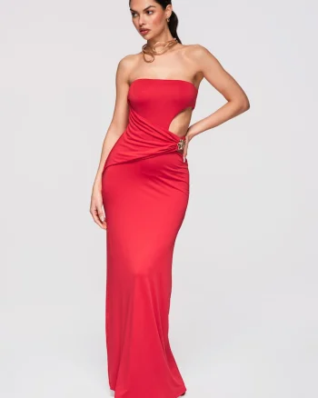 LARICA Rochie Maxi de Seara Eleganta, Croiala Tip Coloana, Material Elastic, Rosu