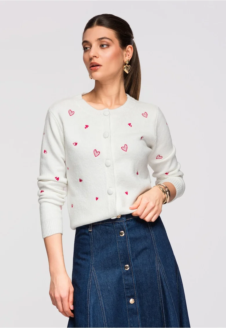 Cardigan din amestec de lana cu inimioare  OW-SWCD-0108, Alb