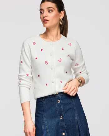 Cardigan din amestec de lana cu inimioare  OW-SWCD-0108, Alb