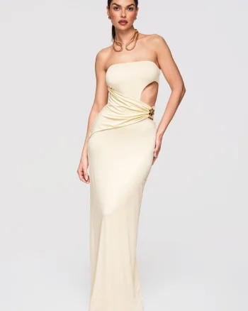 LARICA Rochie Maxi de Seara Eleganta, Croiala Tip Coloana, Material Elastic, Ecru
