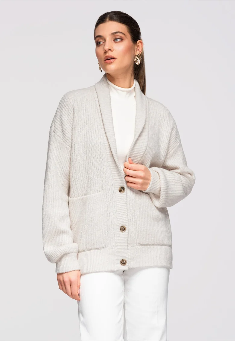 Cardigan cu amestec de alpaca  OW-SWCD-0104, Alb murdar