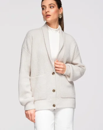 Cardigan cu amestec de alpaca  OW-SWCD-0104, Alb murdar