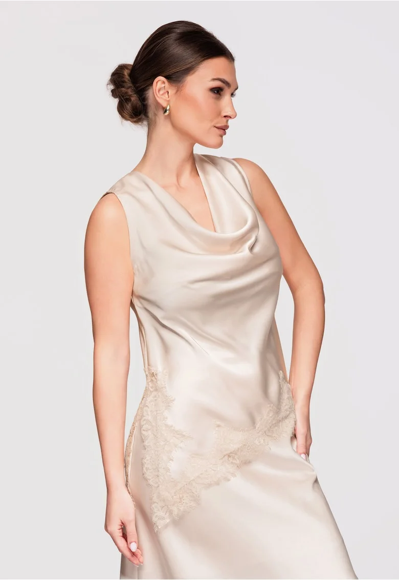LARICA Bluza de dama eleganta, tip Cascada, din Satin cu Dantela, Croiala Lejera, Bej